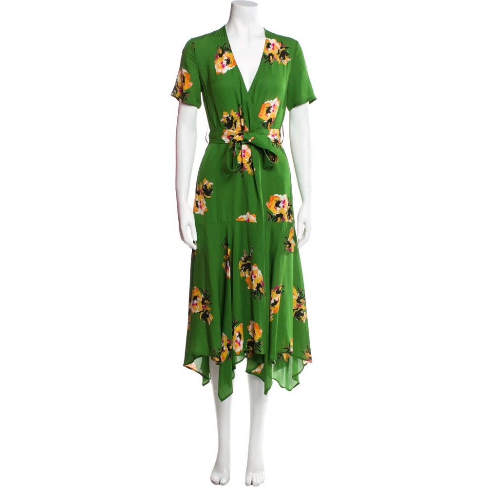 A.L.C. 100% Silk Cora Wrap Dress Green Floral Tie V-Neck SS Women's Size 4 ALC - Picture 3 of 16